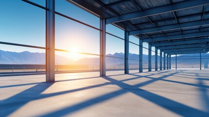 Wall Mural - Modern industrial space with expansive windows showcasing a sunset over distant mountains
