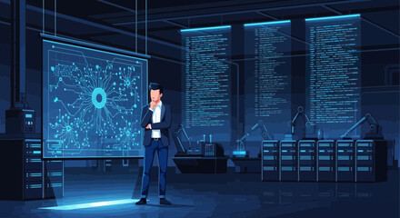 Analyzing futuristic technology with a pensive developer in digital laboratory