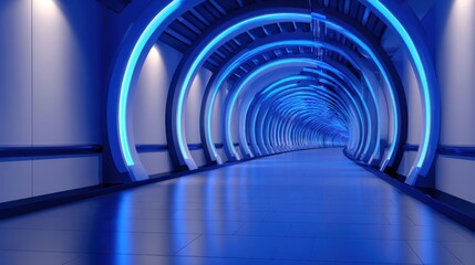 Wall Mural - futuristic illuminated corridor with blue lighting, sleek design, and reflective floor creating dept