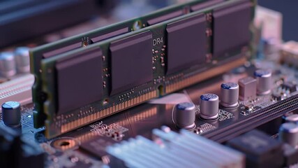 Close Up of Computer RAM Modules on Motherboard with Purple and Blue Lighting