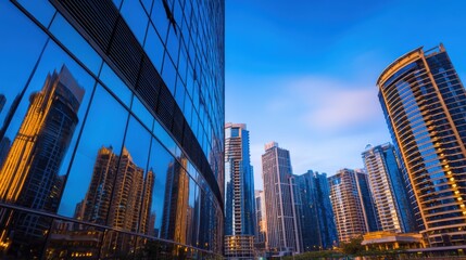 Wall Mural - Stunning skyline at dusk showcasing modern skyscrapers reflecting golden light in urban setting