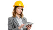 © CStock - Businesswoman in a hard hat using a tablet, isolated on white background.