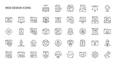Collection of outline web development symbols displayed on white, representing digital tools for internet creation and coding, conveying a modern, minimalist theme.