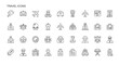© S2E Labs - Line art travel symbols representing various modes of transportation and tourist activities for vacation planning and tourism promotions.