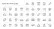 © S2E Labs - Collection of outline food delivery symbols representing various stages of order fulfillment and transportation on a clean white backdrop.