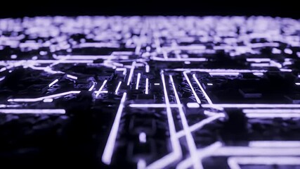 Abstract Animated Landscape Resembling a Circuit Board with Vibrant Purple and White Lights Showcasing Interconnectedness and Technological Advancement in a Futuristic Design
