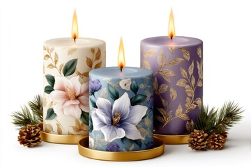 Wall Mural - three burning candles with floral decoration and pine cones on a white background