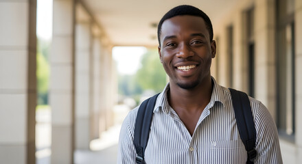 Happy smiling young African American college student with backpack walking outdoors campus education success portrait