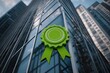 © Luna Whisper - Green certificate or badge floating above corporate building, environmental achievement, sustainability recognition, carbon offset success, perfect for carbon neutral concept.