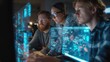 © Fahroni - Developer team collaborating on open-source AI platform with holographic code visualization, showcasing futuristic programming innovation and collaborative technology development.