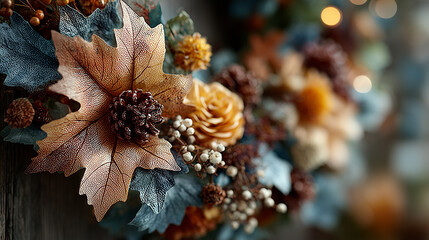 maple leaf wreath with dried flowers and berries, warmly lit with a blurred rustic cabin backdrop.