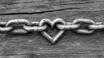Metal chain links arranged in a heart shape on weathered wood.