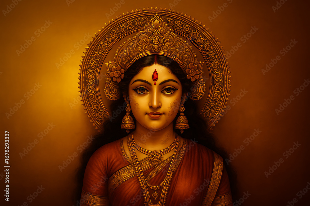 Happy durga puja goddess durga mata front face traditional red saree ...