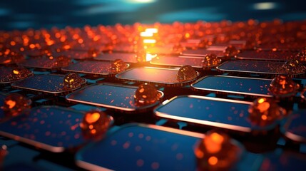 a vast array of solar panels reflecting the warm glow of a setting sun, with a dramatic cloudy sky in the background, high dynamic range, cinematic lighting, 8k, hyperrealistic, masterful composition
