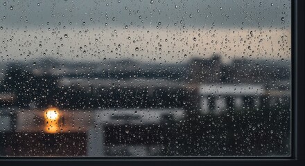 Raindrops on a window obscure the cityscape during a cloudy sunset.