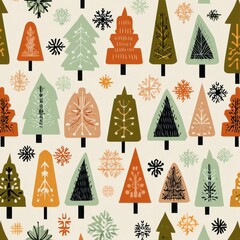 Wall Mural - Stylized Minimalist Seamless Pattern of Trees and Snowflakes