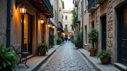  Serene Evening on a Cobblestone Lane, Illuminated by Warm Lamplight, Flanked by Ancient Buildings, and Adorned with Lush Greenery