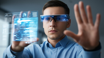 Man using augmented reality smart glasses interacting with a transparent digital interface.