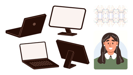 Laptops, desktop monitors, circuit layout, and smiling user profile highlight connections between technology, communication, and user interaction. Ideal for tech, IT, education networking digital