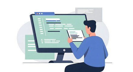 Vector illustration of a software engineer engrossed in writing script on multiple screens for web and mobile application development