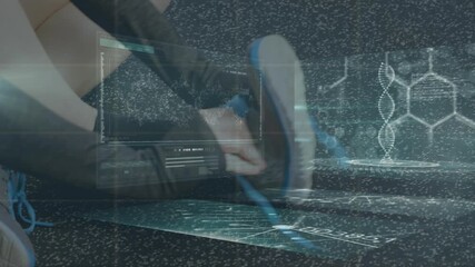 Wall Mural - animation of screen with scientific data and dna over legs of caucasian woman putting on shoes