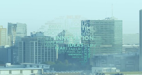 Wall Mural - animation of texts over cityscape