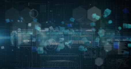 Wall Mural - animation of hexagons over data processing on black background