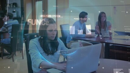 Wall Mural - animation of analysing software processing data over caucasian woman using laptop in cafe