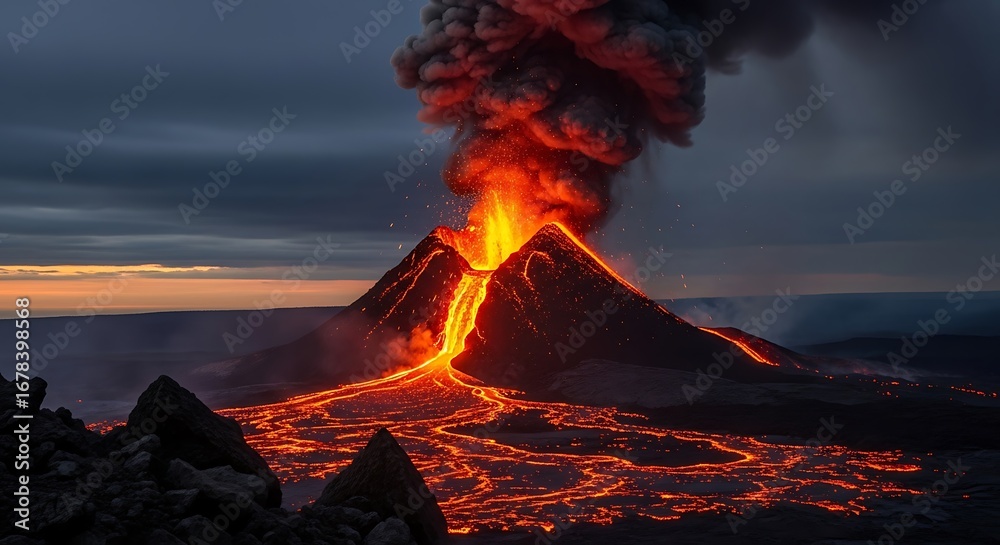 Volcanic eruption at night, spewing lava and ash into the dark sky ...