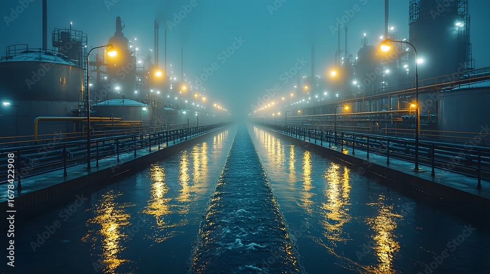 Illuminated industrial facility at night with a central water channel ...
