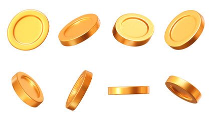 Wall Mural - 3d set golden coins with curves or deformations and different angles. symbol of gold and wealth. sto
