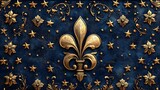 Elegant golden Fleur de lis emblem against a deep royal blue textured background adorned with shimmering gold stars and ornate floral motifs