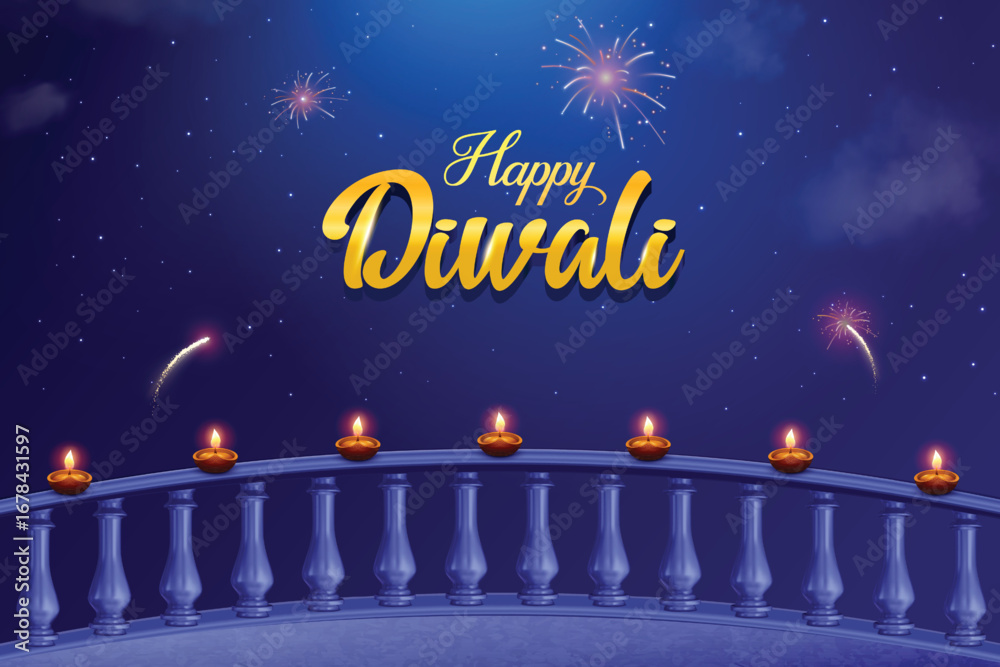 Happy Diwali Greeting Design With Oil Lamps Lit On A Balcony Railing ...