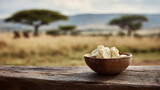 Natural organic shea butter in wooden bowl outdoor in serene Africa savanna landscape. Healthy cosmetic ingredient