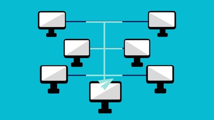 Wall Mural - Email sending animation from one computer to multiple devices. Digital communication concept. Modern flat design. Network message transfer.