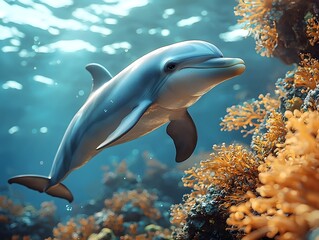 Wall Mural - A graceful dolphin swims through crystal clear blue ocean waters bathed in sunlight near a vibrant orange coral reef