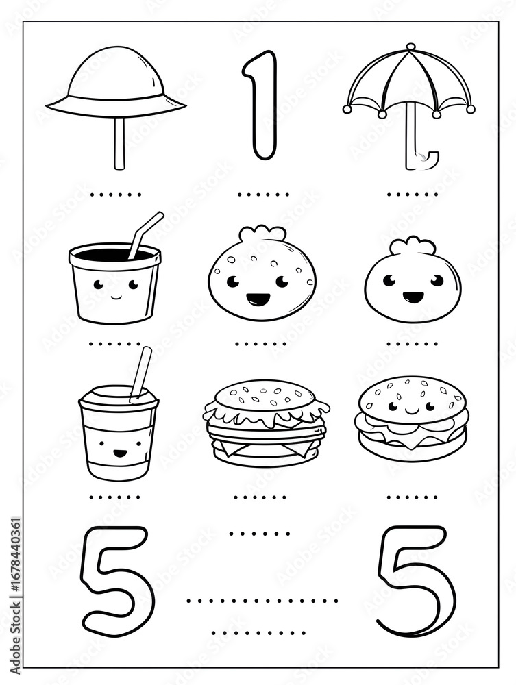 Cute Kawaii Coloring Page Food and Objects - Number Matching Worksheet ...