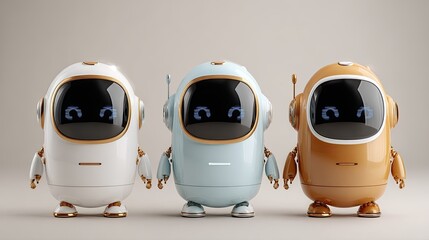 Three small robots in white, light blue, and orange, standing side-by-side