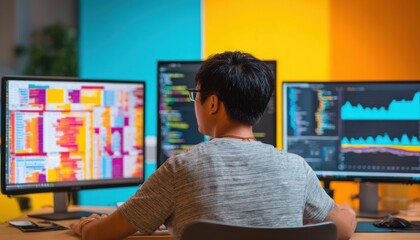 Focused Programmer Working on Multiple Monitors with Colorful Code and Data