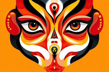  Colorful ornate face a majestic composition of mythical creatures. A vibrant, abstract artwork featuring bold colors and striking eyes, evoking a sense of power and intensity.