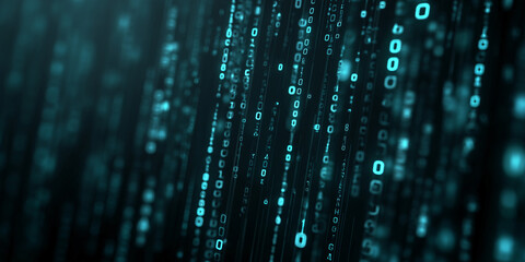 Digital rain of binary code against a dark backdrop, representing data streams and technological processes