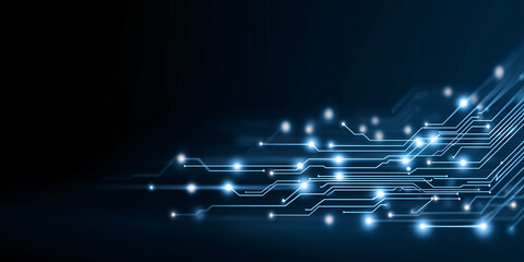An abstract and futuristic representation of a circuit board with glowing lines and points, hinting at the flow of data and technology