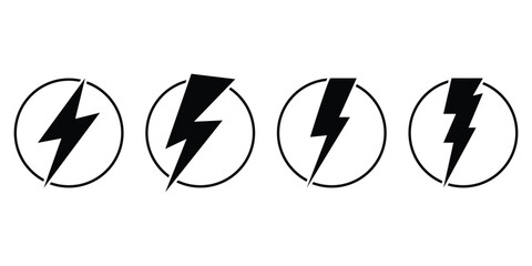 Black lightning vector icon set on white background. Different shapes black lightning icon. Thunderbolt logo icon on isolated white background. EPS 10. 