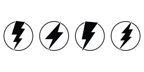 Black lightning vector icon set on white background. Different shapes black lightning icon. Thunderbolt logo icon on isolated white background. EPS 10. 