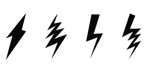 Black lightning vector icon set on white background. Different shapes black lightning icon. Thunderbolt logo icon on isolated white background. EPS 10. 