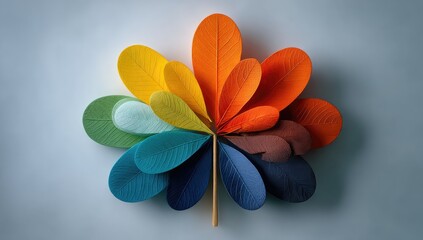 Vibrant, colorful leaves radiate from a central stem, arranged in a circular, rainbow-like pattern on a light background