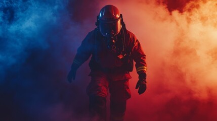 Wall Mural - A futuristic figure walks through vibrant smoke. The striking colors create a mysterious atmosphere. This image evokes curiosity and imagination. Generative AI