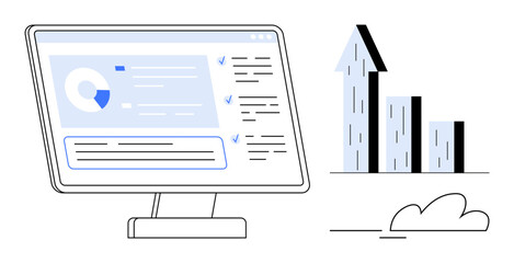 Wall Mural - Computer screen displaying analytics dashboard with charts and checklists, next to upward growth bar graph. Ideal for analytics, business growth, performance, planning, productivity, reports, simple