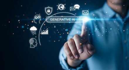 Businessman interacting with generative artificial intelligence interface and digital icons on dark background