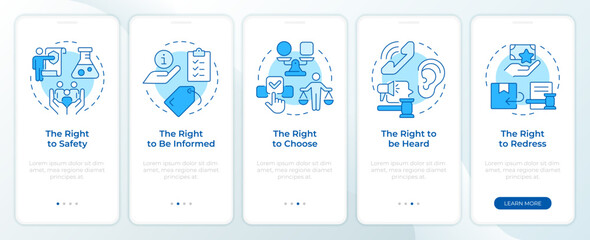 Wall Mural - Consumer rights blue onboarding mobile app screen. Customer protection. Walkthrough 5 steps editable graphic instructions with linear concepts. UI, UX, GUI. Montserrat SemiBold, Regular fonts used